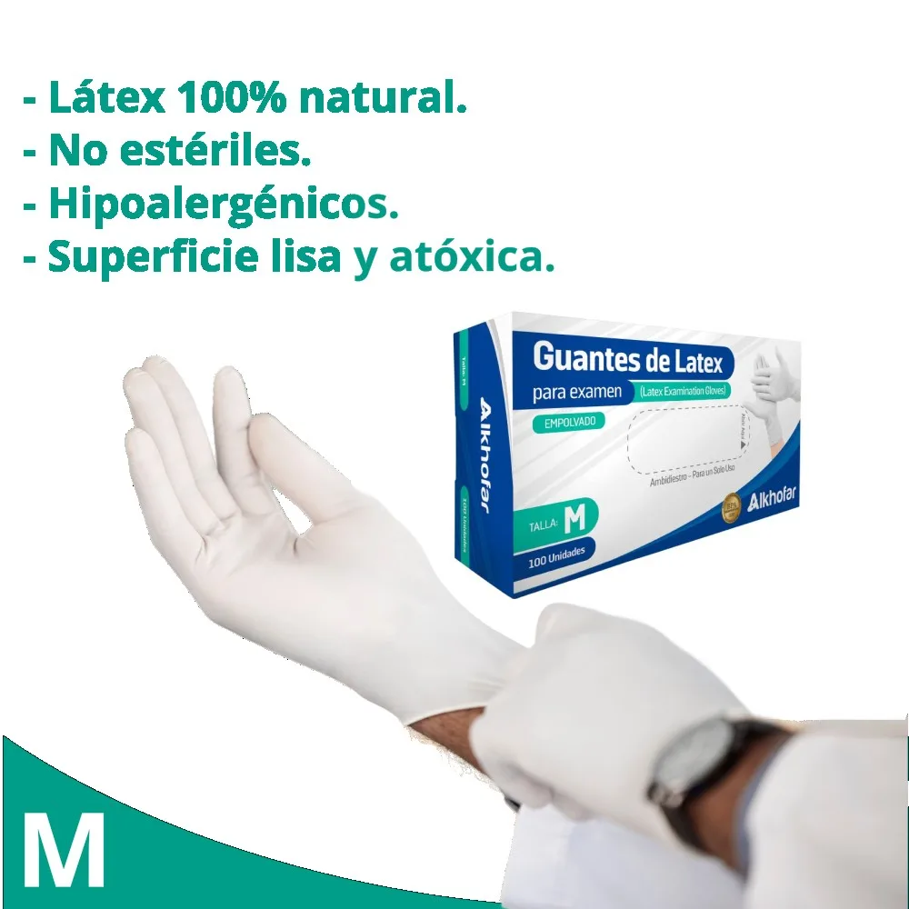 Detalle de los guantes de látex Alkhofar Medianos